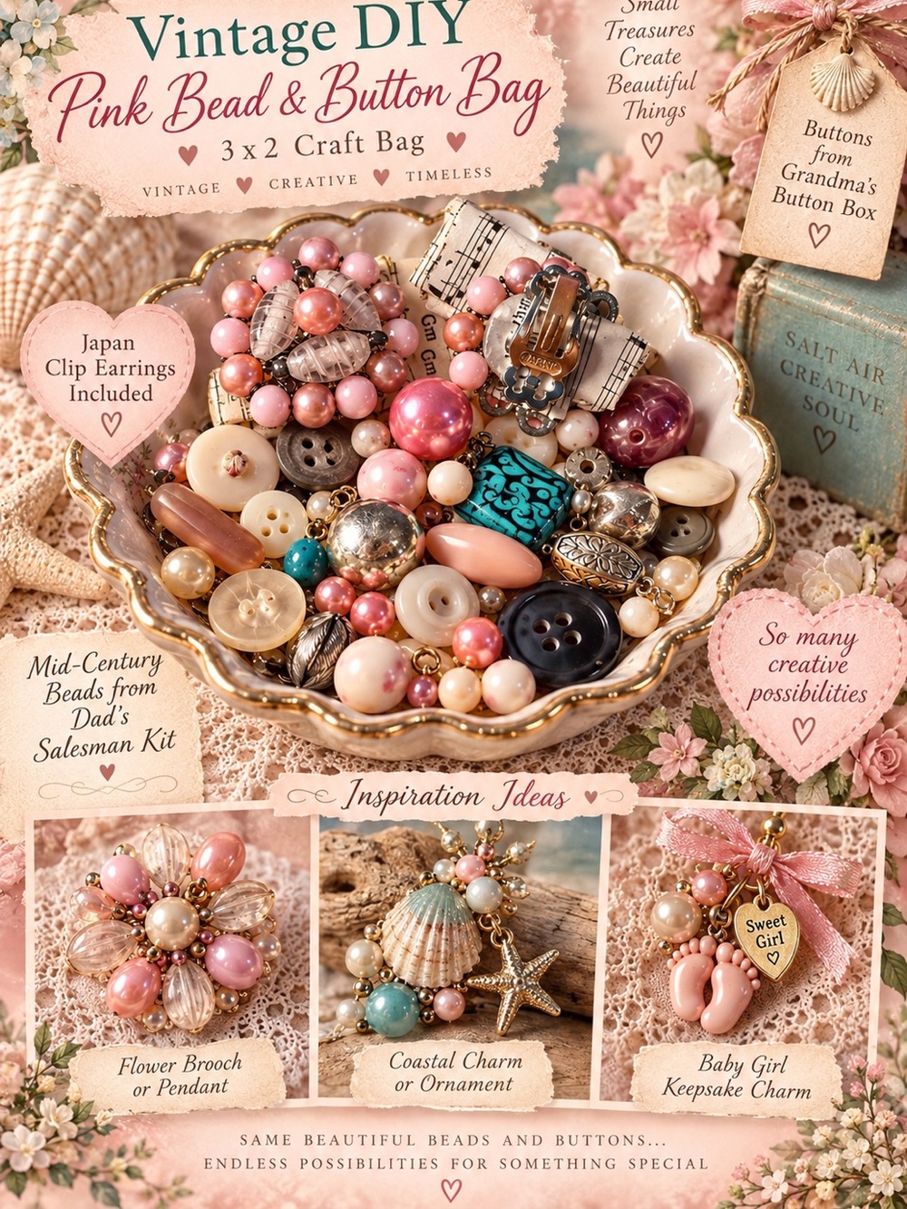 Vintage Pink, Teal & Gold Bead Mix Brooch Accents